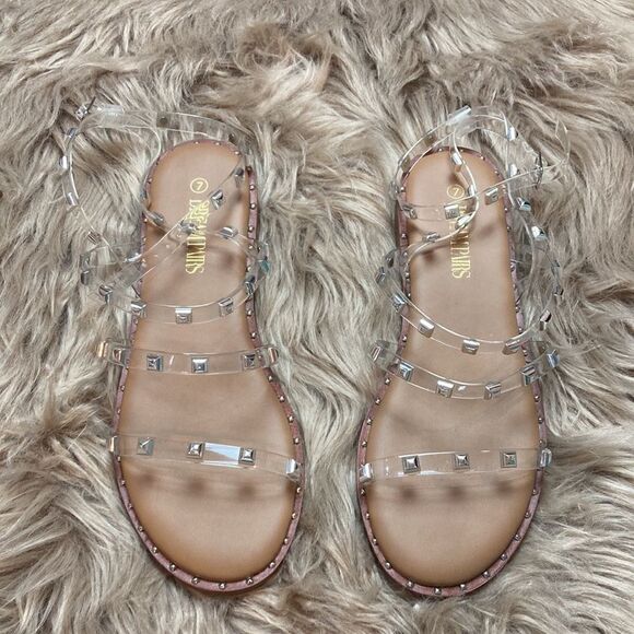 Dream Pairs CLEAR/RHINESTONE Studded Gladiator Strappy Flat Ankle Strap Sandal - Picture 3 of 14